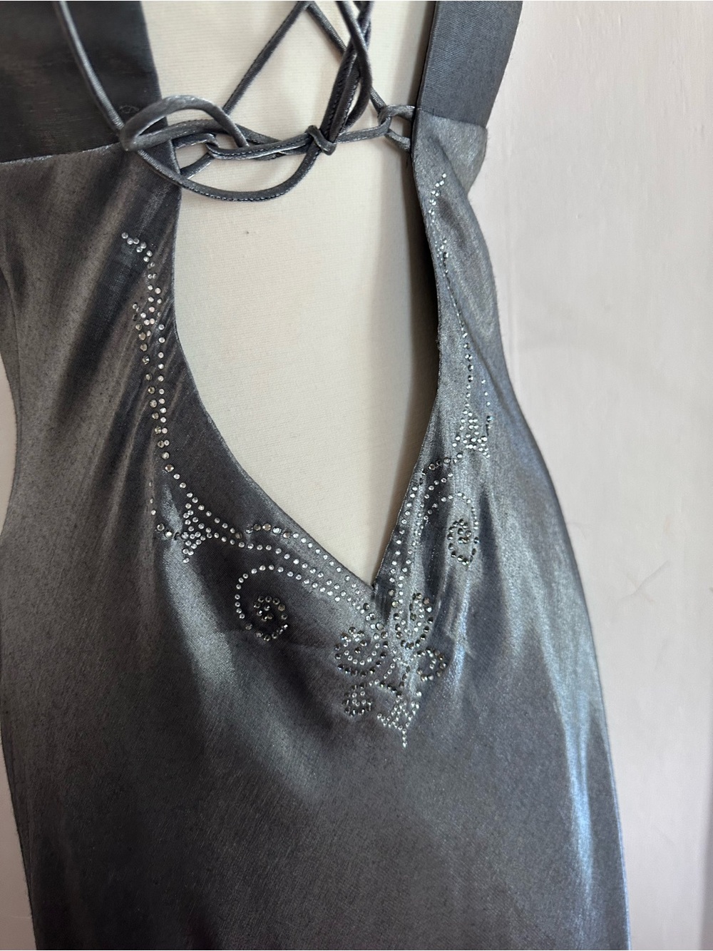 90s Y2K Iridescent Silver Prom Formal Dress Goth Fairy Sz S Lace Up Back - Picture 13 of 13